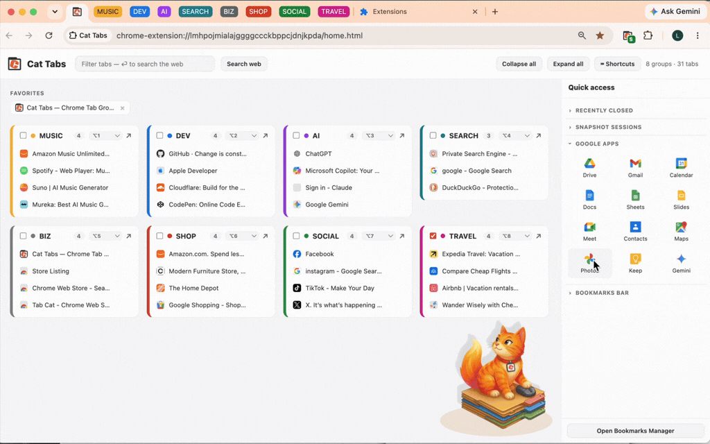 Google apps and bookmarks in the sidebar