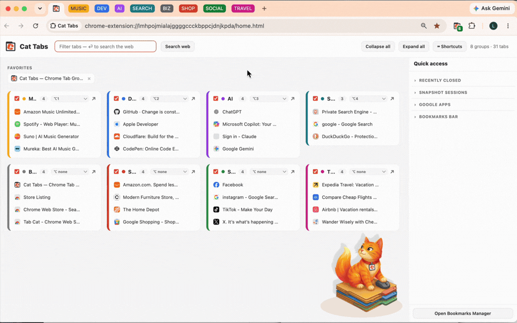 Setting keyboard shortcuts for groups