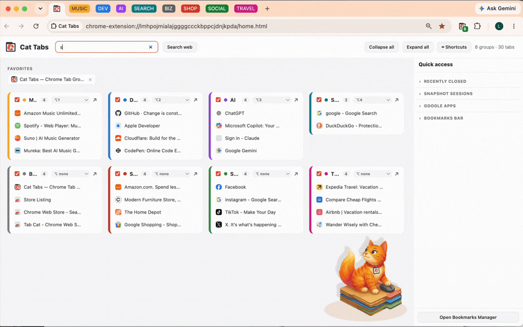 Filtering tabs and searching the web